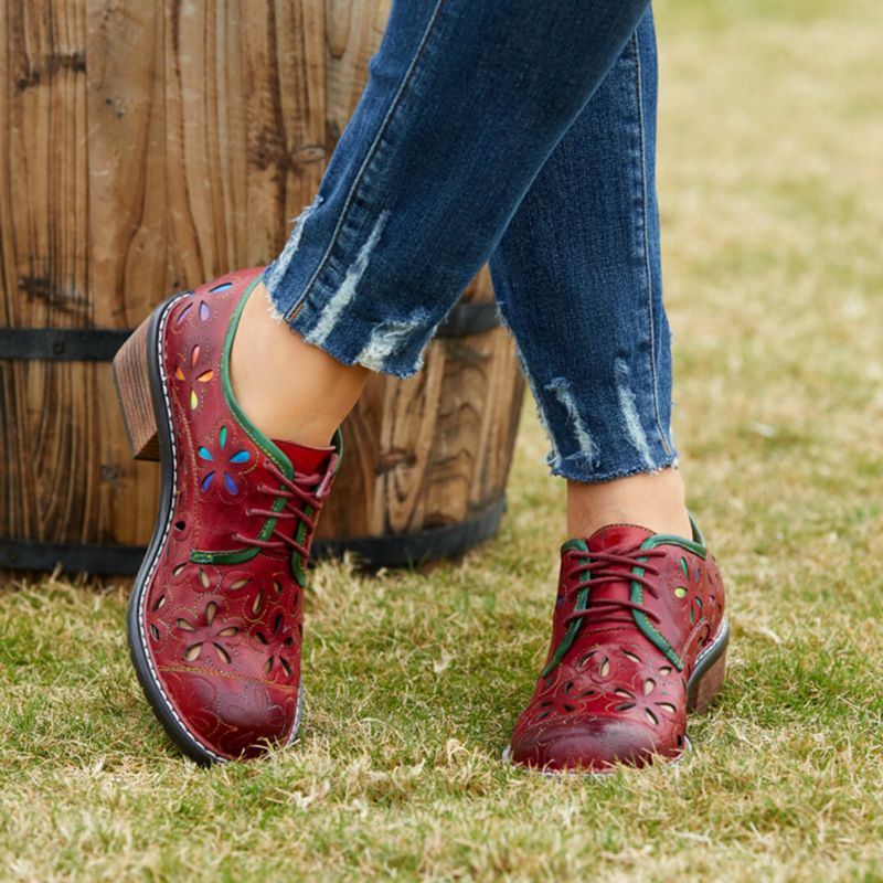 Naisten Aidosta Nahasta Valmistetut Retro Mukavat Hengittävät Onttonauhanauhat Matalakorkoiset Oxfords-kengät