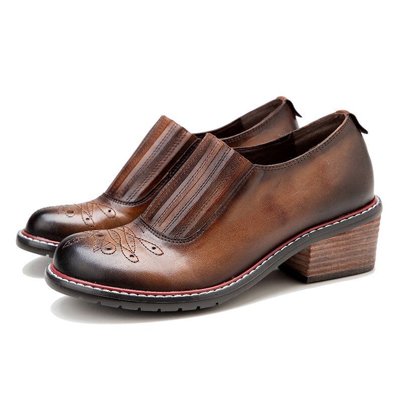 Naisten Aidosta Nahasta Valmistetut Retromukavat Joustavat Pyöreäkärkiset Matalakorkoiset Loafers-kengät