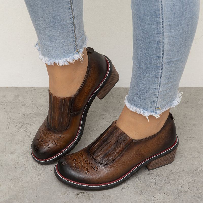 Naisten Aidosta Nahasta Valmistetut Retromukavat Joustavat Pyöreäkärkiset Matalakorkoiset Loafers-kengät