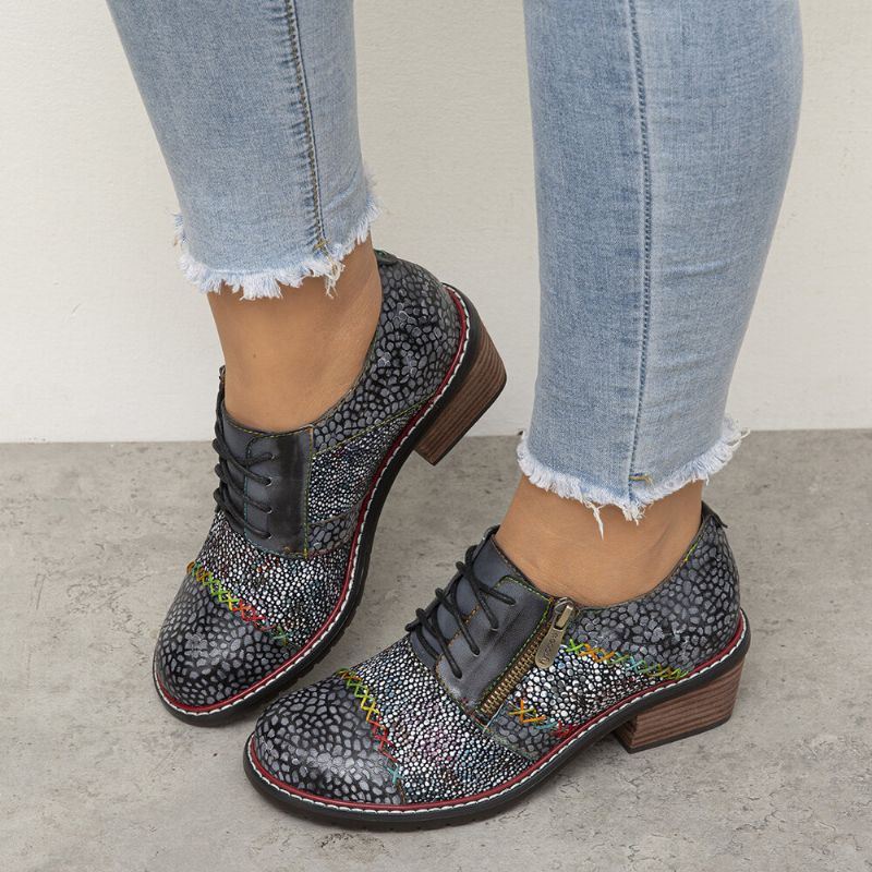 Naisten Aitoa Nahkaa Käsintehdyt Tikkaukset Retro Mukavat Sivuvetoketjut Matalakorkoiset Oxfords-kengät