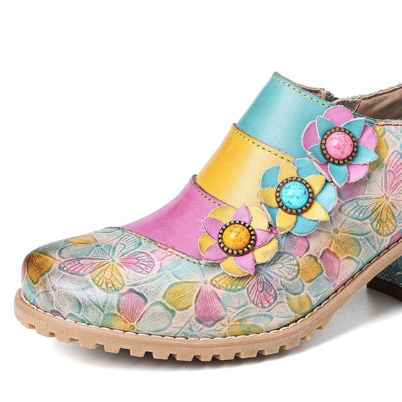 Naisten Bohemian Bloom Polykromaattiset Kohokuvioidut Kukkaliitokset Aitoa Nahkaa Sisältävät Kukkapumput