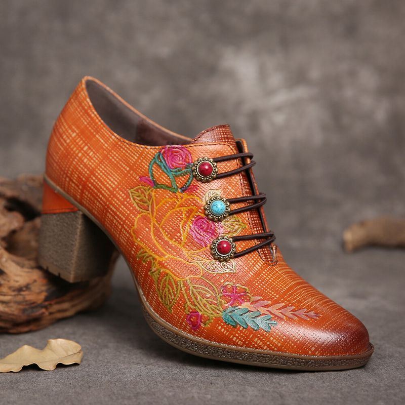 Naisten Nahkainen Ruudullinen Helmi Kukkainen Elastinen Strings Block Heel Pumps Mekko Kengät