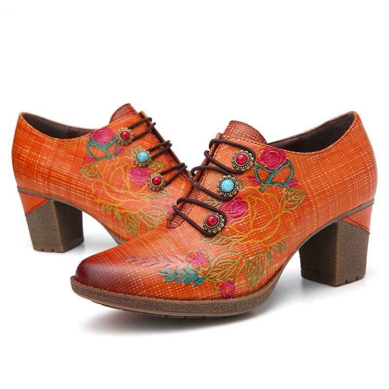Naisten Nahkainen Ruudullinen Helmi Kukkainen Elastinen Strings Block Heel Pumps Mekko Kengät