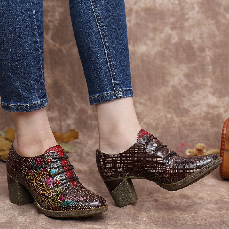 Naisten Nahkainen Ruudullinen Helmi Kukkainen Elastinen Strings Block Heel Pumps Mekko Kengät