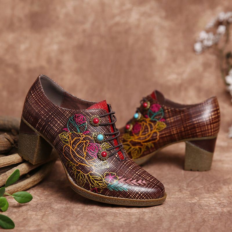 Naisten Nahkainen Ruudullinen Helmi Kukkainen Elastinen Strings Block Heel Pumps Mekko Kengät