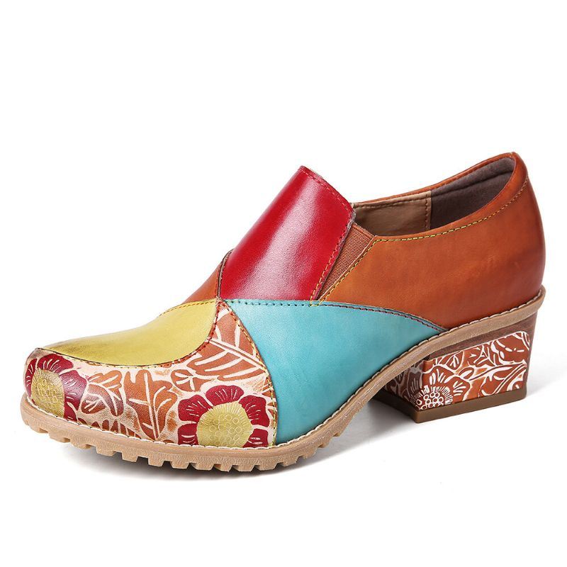 Naisten Retro-kontrastinen Liitosnahkavetoketju Matalakorkoiset Nilkkurit Slip On Block-korkopumput