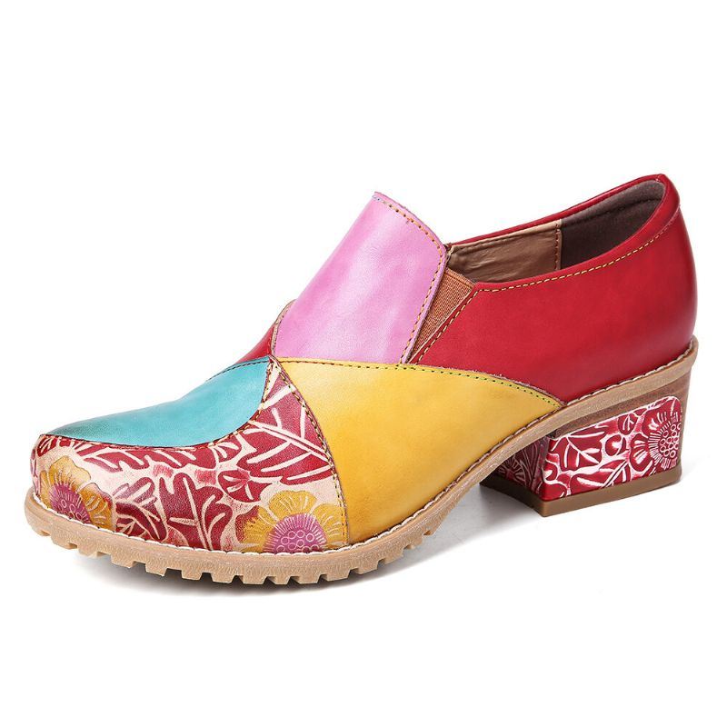 Naisten Retro-kontrastinen Liitosnahkavetoketju Matalakorkoiset Nilkkurit Slip On Block-korkopumput