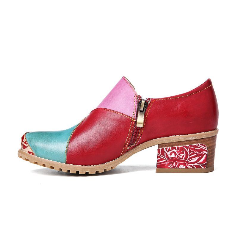Naisten Retro-kontrastinen Liitosnahkavetoketju Matalakorkoiset Nilkkurit Slip On Block-korkopumput