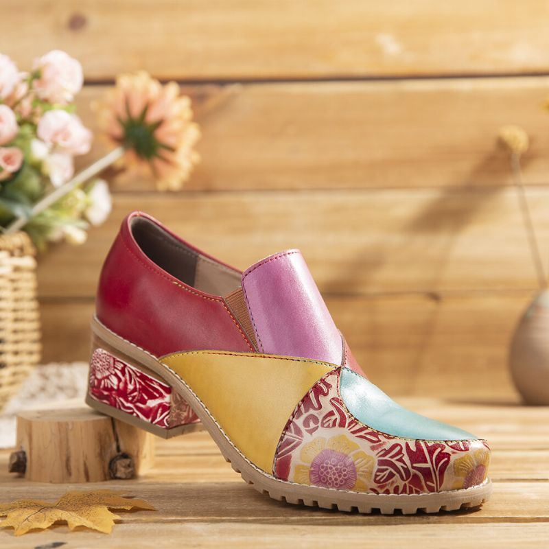 Naisten Retro-kontrastinen Liitosnahkavetoketju Matalakorkoiset Nilkkurit Slip On Block-korkopumput