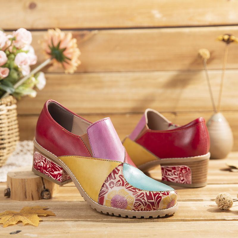 Naisten Retro-kontrastinen Liitosnahkavetoketju Matalakorkoiset Nilkkurit Slip On Block-korkopumput