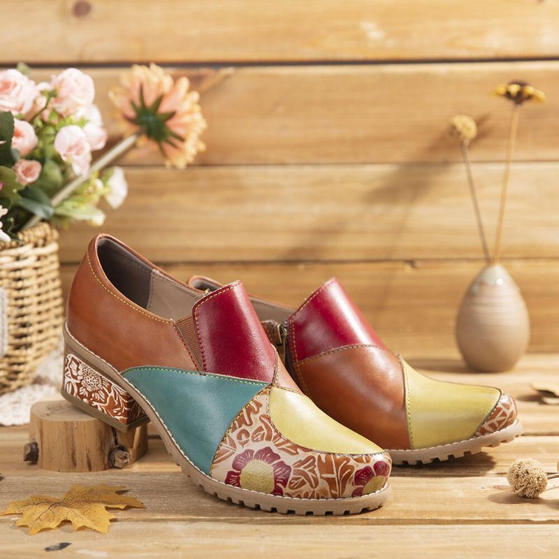 Naisten Retro-kontrastinen Liitosnahkavetoketju Matalakorkoiset Nilkkurit Slip On Block-korkopumput