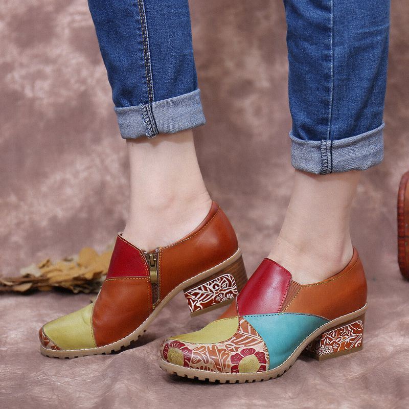 Naisten Retro-kontrastinen Liitosnahkavetoketju Matalakorkoiset Nilkkurit Slip On Block-korkopumput