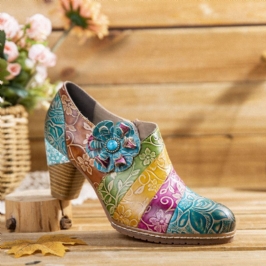Naisten Retro Kukkainen Nahka Jatkovetoketju Paksu Heel Pumps Mekkokengät