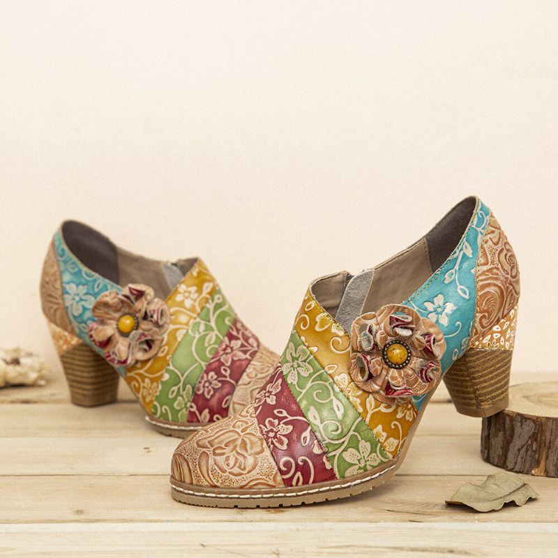 Naisten Retro Kukkainen Nahka Jatkovetoketju Paksu Heel Pumps Mekkokengät