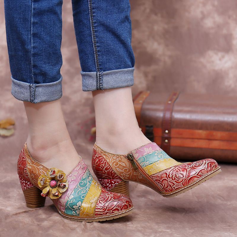 Naisten Retro Kukkainen Nahka Jatkovetoketju Paksu Heel Pumps Mekkokengät