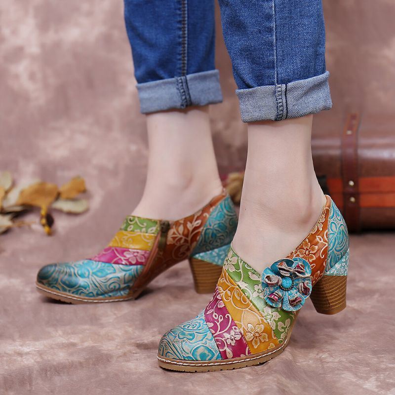Naisten Retro Kukkainen Nahka Jatkovetoketju Paksu Heel Pumps Mekkokengät