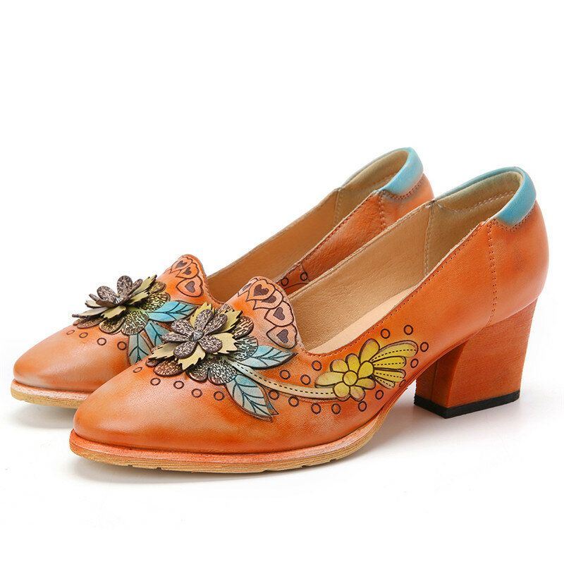 Naisten Retro Splicing Kukkainen Nahka Slip On Block Heel Pumps Mekkokengät