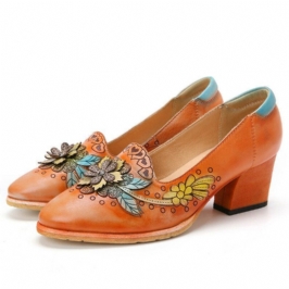 Naisten Retro Splicing Kukkainen Nahka Slip On Block Heel Pumps Mekkokengät