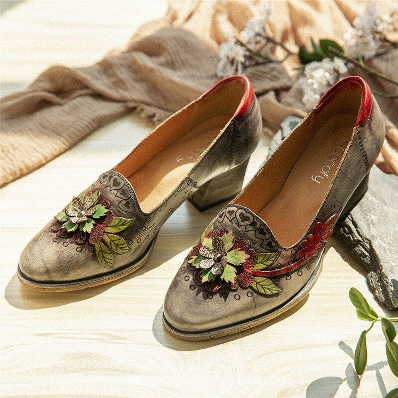 Naisten Retro Splicing Kukkainen Nahka Slip On Block Heel Pumps Mekkokengät