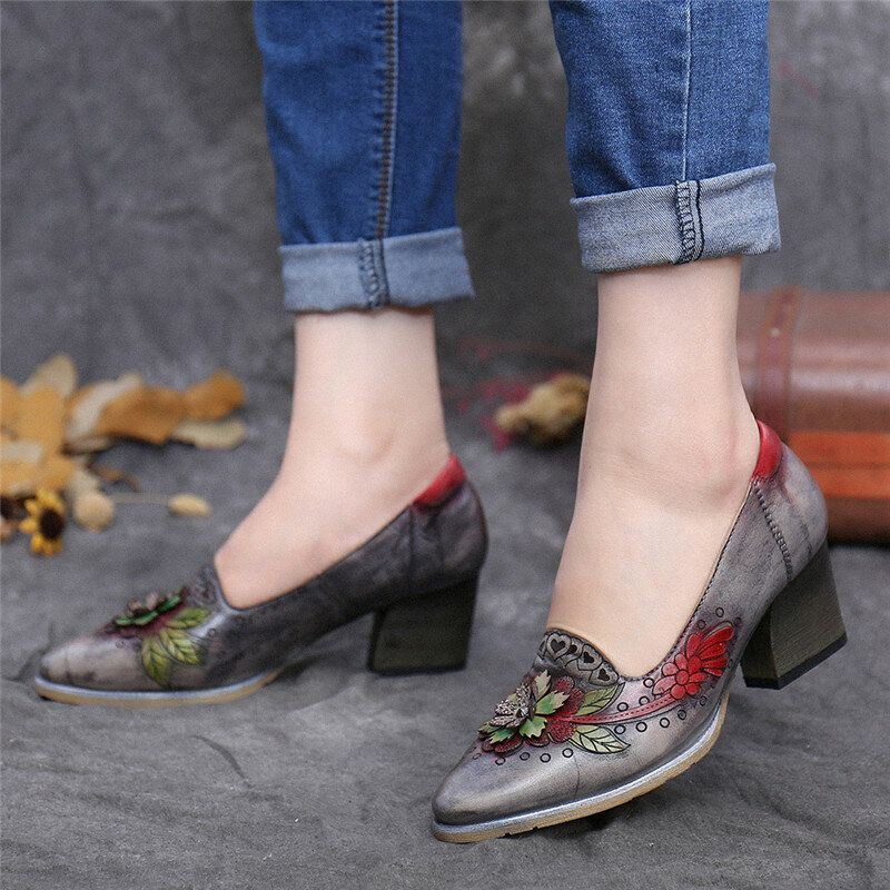 Naisten Retro Splicing Kukkainen Nahka Slip On Block Heel Pumps Mekkokengät