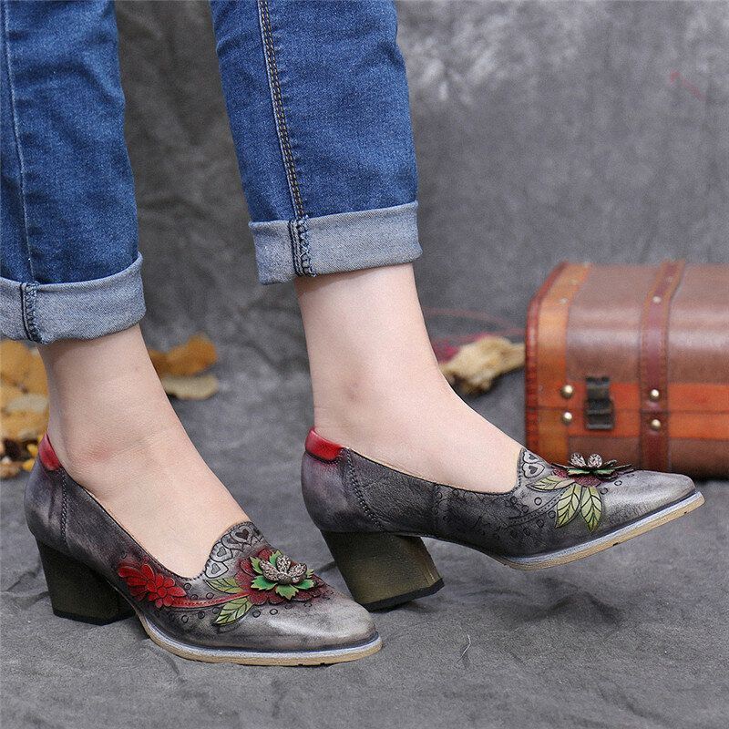 Naisten Retro Splicing Kukkainen Nahka Slip On Block Heel Pumps Mekkokengät