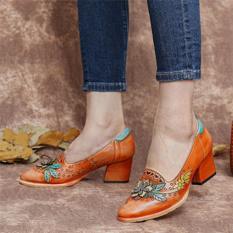 Naisten Retro Splicing Kukkainen Nahka Slip On Block Heel Pumps Mekkokengät