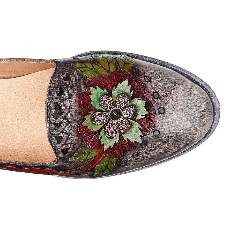 Naisten Retro Splicing Kukkainen Nahka Slip On Block Heel Pumps Mekkokengät