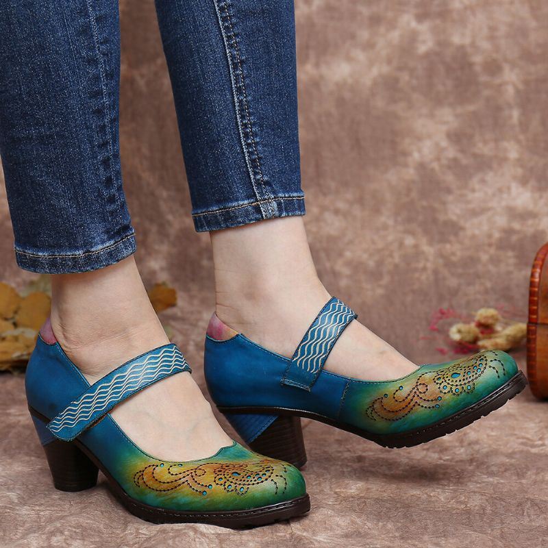 Naisten Vintage-nahka Kontrastileikkaukset Koukkulenkkihihna Paksu Kantapää Mary Jane Pumps Mekkokengät