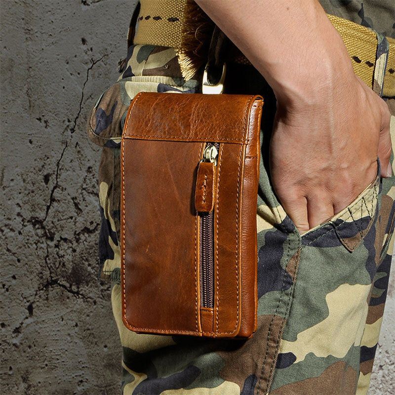 Miesten Edc Aito Nahka Vintage Outdoor 7 Tuuman Puhelin Kameralaukku Vyötärölaukku Lompakko Koukulla