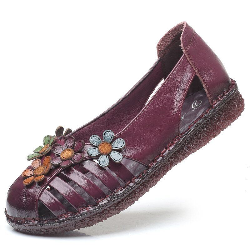 Naisten Aitoa Nahkaa Hengittävä Kukkakoristelu Retro-slip On Pehmeät Tasaiset