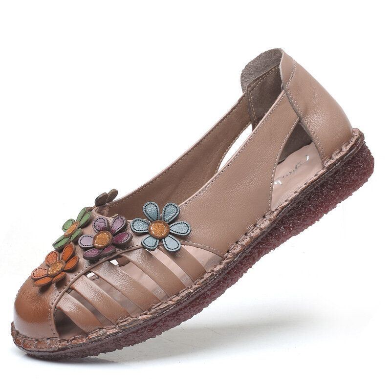 Naisten Aitoa Nahkaa Hengittävä Kukkakoristelu Retro-slip On Pehmeät Tasaiset