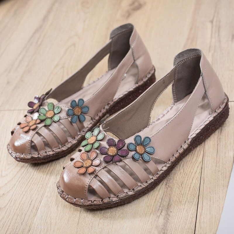 Naisten Aitoa Nahkaa Hengittävä Kukkakoristelu Retro-slip On Pehmeät Tasaiset