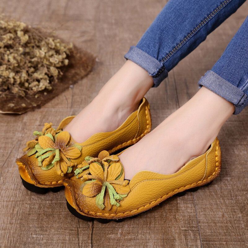 Naisten Aitoa Nahkaa Käsintehdyt Koristekukat Vintage Slip On Flats Loafers