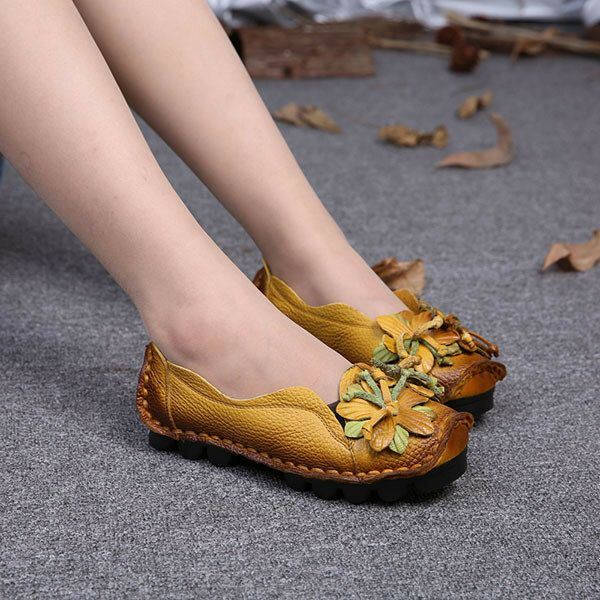 Naisten Aitoa Nahkaa Käsintehdyt Koristekukat Vintage Slip On Flats Loafers