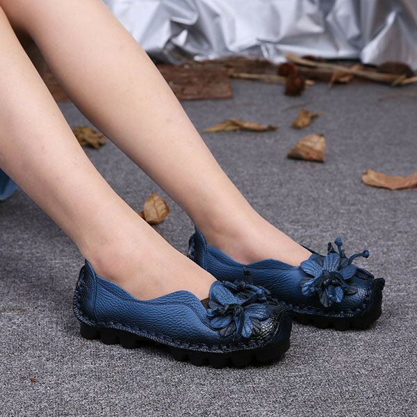 Naisten Aitoa Nahkaa Käsintehdyt Koristekukat Vintage Slip On Flats Loafers