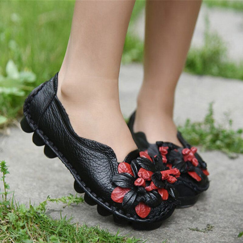 Naisten Aitoa Nahkaa Käsintehdyt Koristekukat Vintage Slip On Flats Loafers