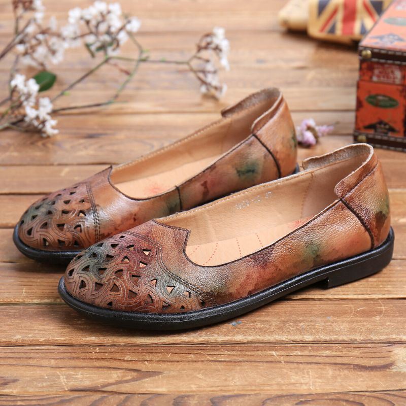 Naisten Boheemi Nahka Ontto Solmiovärjätty Pehmeä Rento Slip On Loafers Tasaiset Kengät