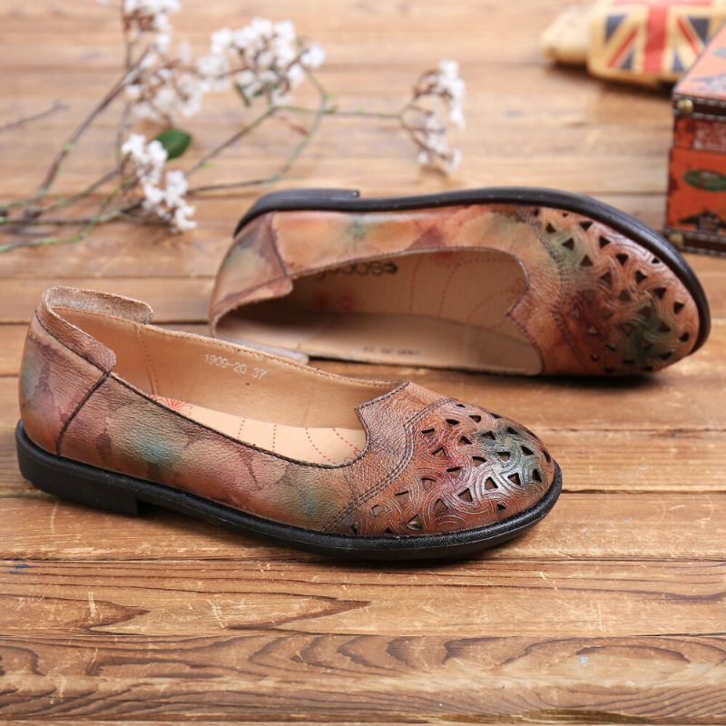 Naisten Boheemi Nahka Ontto Solmiovärjätty Pehmeä Rento Slip On Loafers Tasaiset Kengät