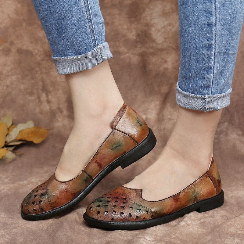 Naisten Boheemi Nahka Ontto Solmiovärjätty Pehmeä Rento Slip On Loafers Tasaiset Kengät