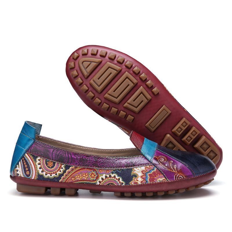 Naisten Boheemi Pehmeä Nahka Kukkasplicing Mukava Rento Slip On Loafers Tasaiset Kengät