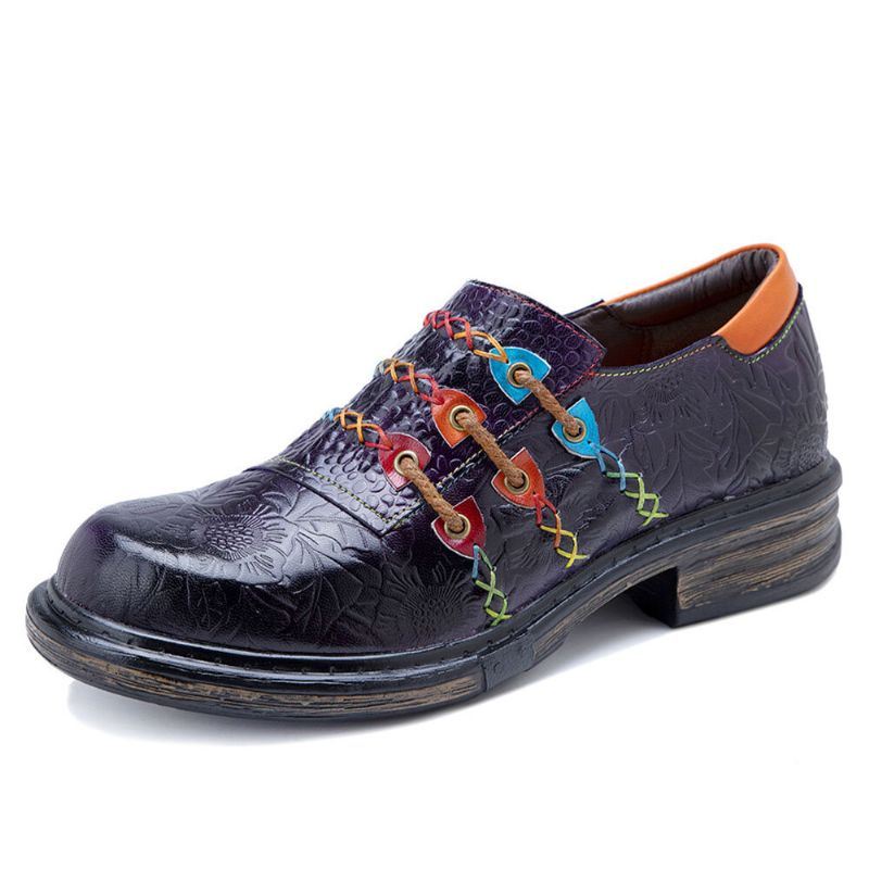 Naisten Retro Etniset Loafers Kengät Painettu Kohokuvioidut Patched Tikkaus Nahka Sivu Vetoketju Tasot