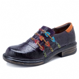 Naisten Retro Etniset Loafers Kengät Painettu Kohokuvioidut Patched Tikkaus Nahka Sivu Vetoketju Tasot