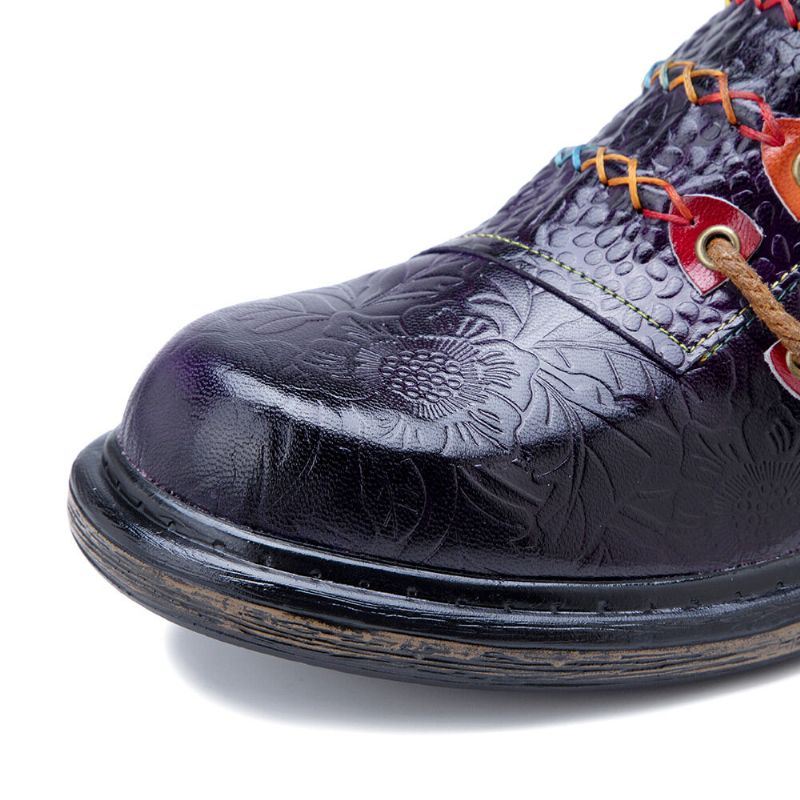 Naisten Retro Etniset Loafers Kengät Painettu Kohokuvioidut Patched Tikkaus Nahka Sivu Vetoketju Tasot