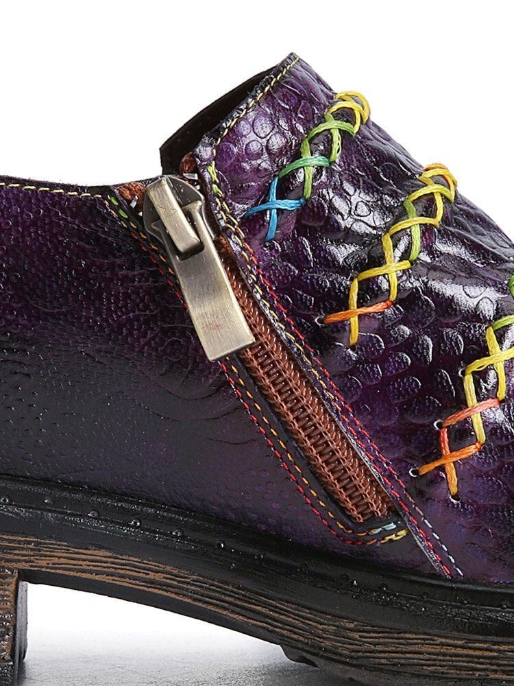 Naisten Retro Etniset Loafers Kengät Painettu Kohokuvioidut Patched Tikkaus Nahka Sivu Vetoketju Tasot