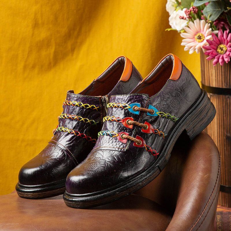 Naisten Retro Etniset Loafers Kengät Painettu Kohokuvioidut Patched Tikkaus Nahka Sivu Vetoketju Tasot