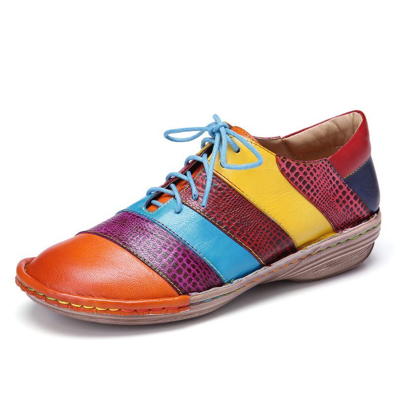 Naisten Retro-käsintehdyt Mukavat Nahkaiset Colorblock-kontrastiliitosnauhat Tasaiset Kengät