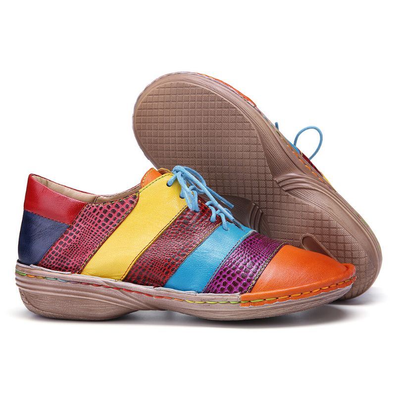 Naisten Retro-käsintehdyt Mukavat Nahkaiset Colorblock-kontrastiliitosnauhat Tasaiset Kengät