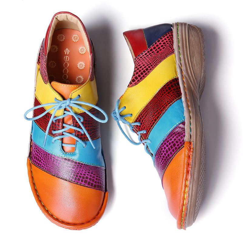 Naisten Retro-käsintehdyt Mukavat Nahkaiset Colorblock-kontrastiliitosnauhat Tasaiset Kengät