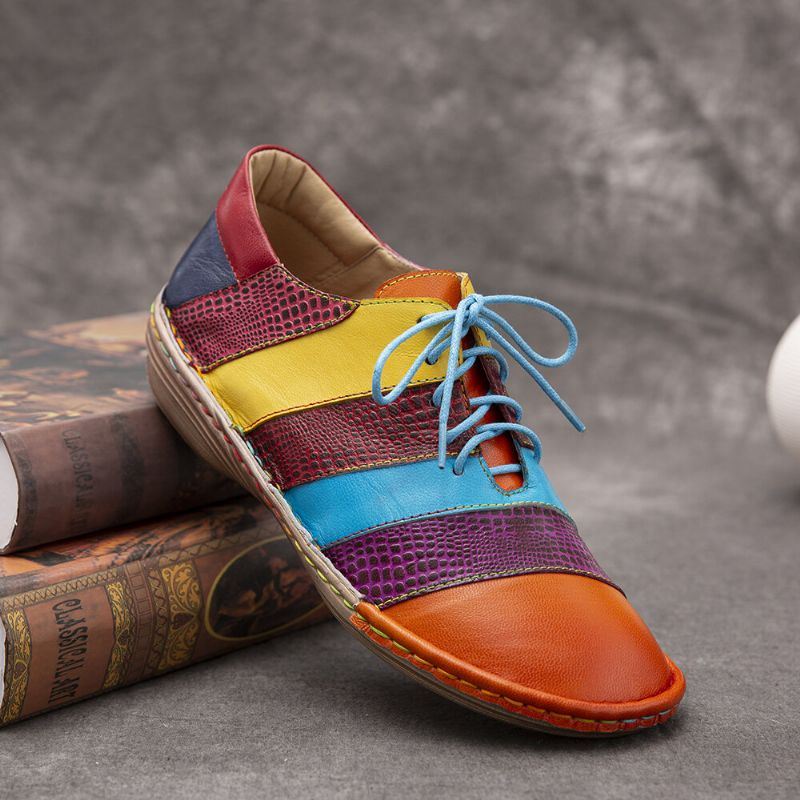 Naisten Retro-käsintehdyt Mukavat Nahkaiset Colorblock-kontrastiliitosnauhat Tasaiset Kengät