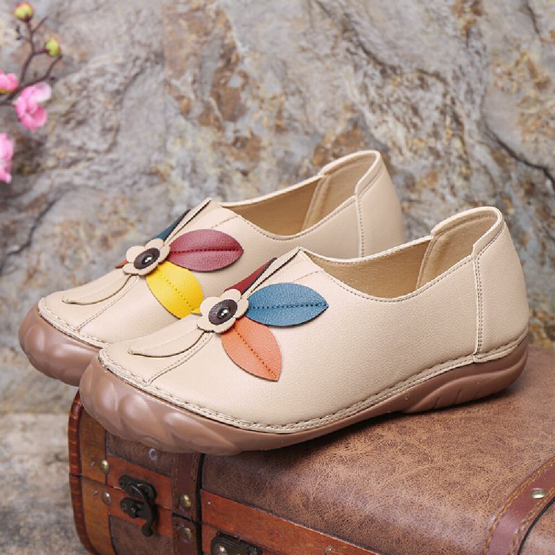 Naisten Retro-kukkaompeleet Mukavat Pyöreät Toe Slip On Flat Loafers Kengät